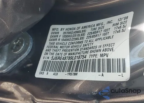 2009 Honda Cr-V Ex-L from USA, damaged, VIN 5J6RE48789L018754